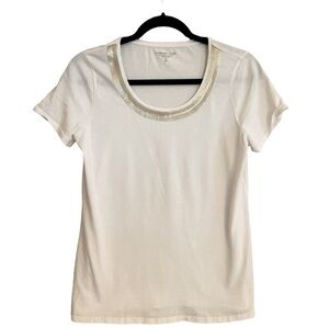Coldwater Creek Women's White Supima Dressy Scoop Tee Gold Mesh Detail XS